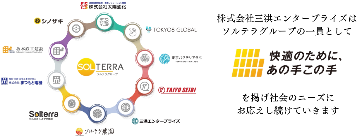 株式会社三洪エンタープライズはソルテラグループの一員として快適のために、あの手この手を揚げて会社のニーズにお答えし続けていきます